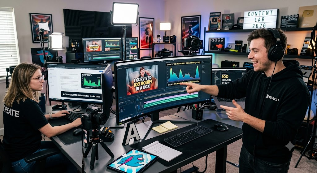 Mr BEAST Content team reviewing YouTube video analytics and retention hook strategies in a production studio